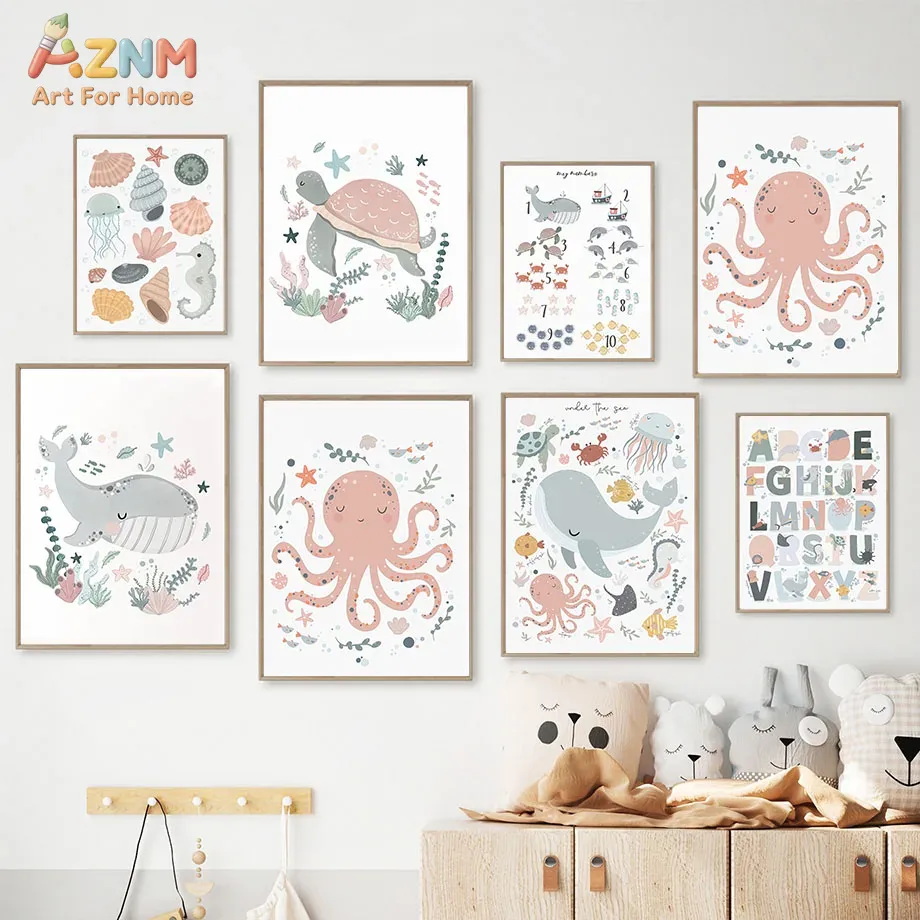 AZNM Nursery Sea Animal Canvas - Kids Education Alphabet Numbers review and price