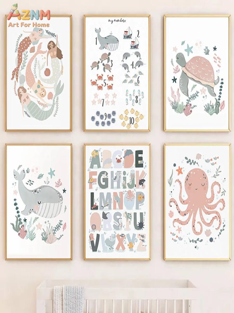 AZNM Nursery Sea Animal Canvas - Kids Education Alphabet Numbers review and price